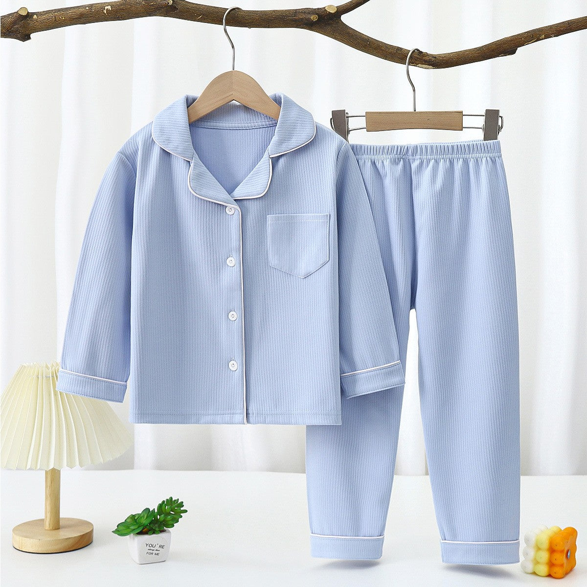 New Autumn Winter Kids Thermal Pajamas Set, Boys and Girls Fleece Long Sleeve Lapel Home Wear Two-Piece Outfit