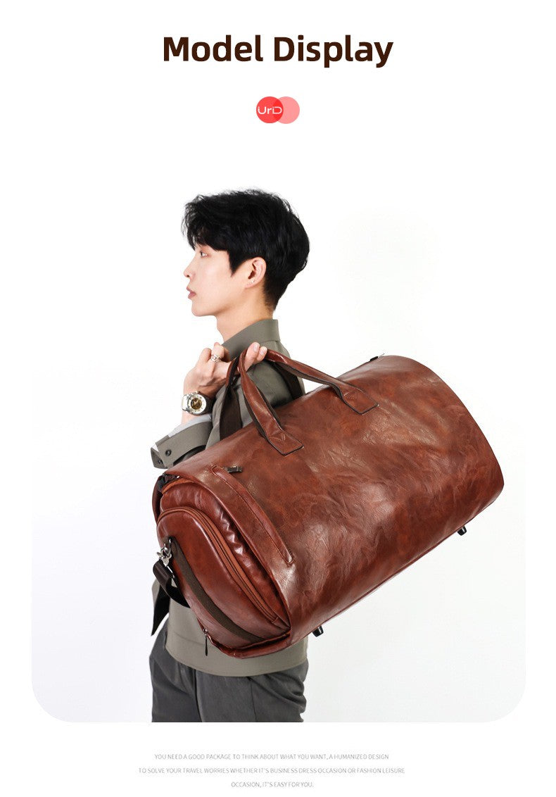 Vintage Suit Travel Bag with Large Capacity Waterproof PU Fabric Independent Shoe Case for Business Trip Suit Protection Bag