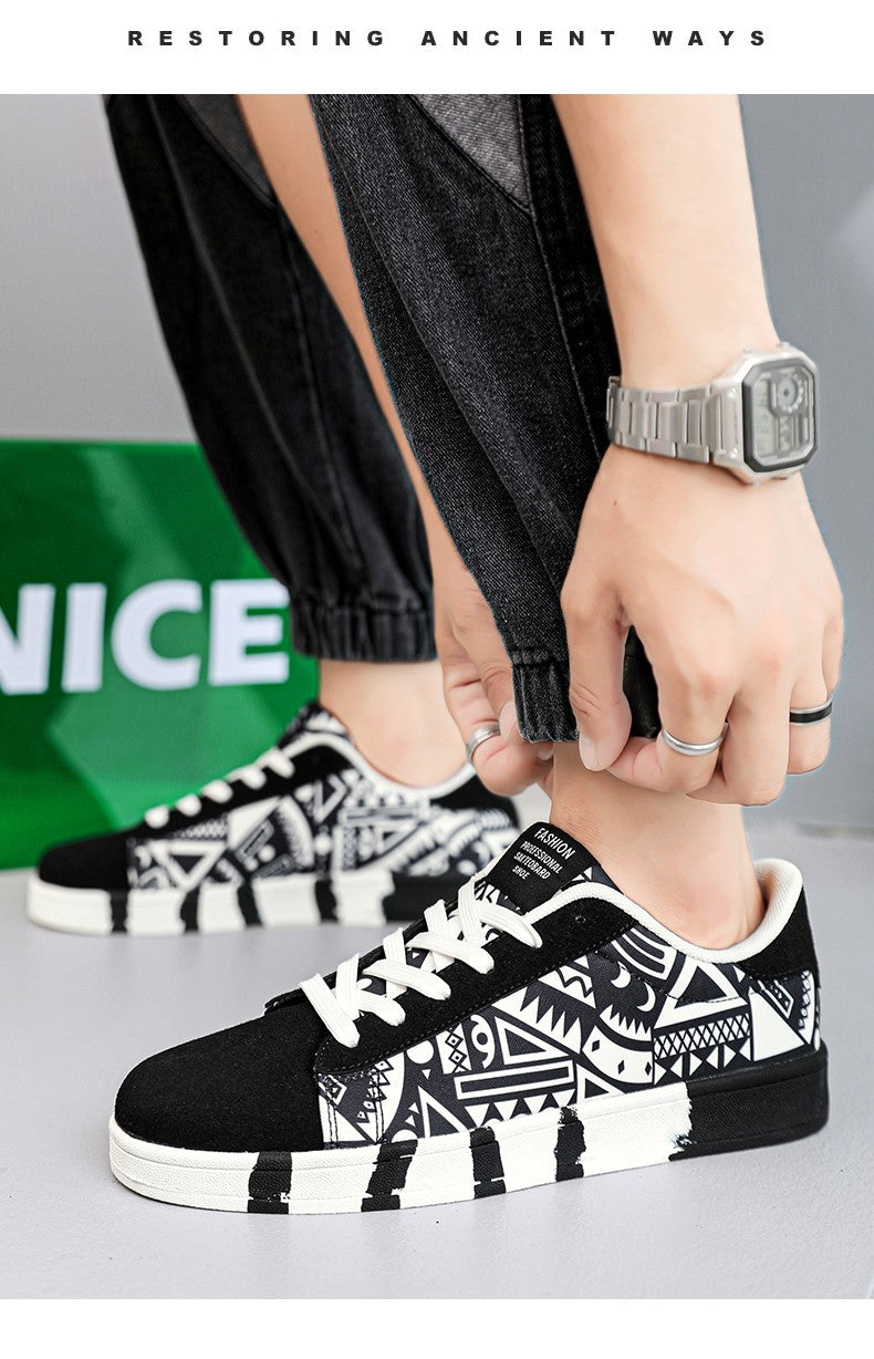 YRZL Men's Sports Running Shoes Canvas Geometric Style Lace-Up Sneakers Couples' Fashionable Graffiti Print Skate Shoes Men