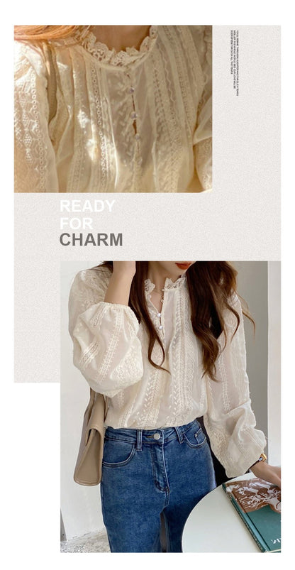 Autumn Lcae Embroidery Long Sleeve Women Blouses Office Lady ELegant Casual Button Shirts Sweet Clothing