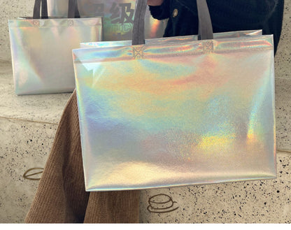 10Pcs Reusable Silver Laser Tote Bag Durable Non Woven Gift Shopping Bag for Wedding Bridesmaid Party Birthday Eco Friendly