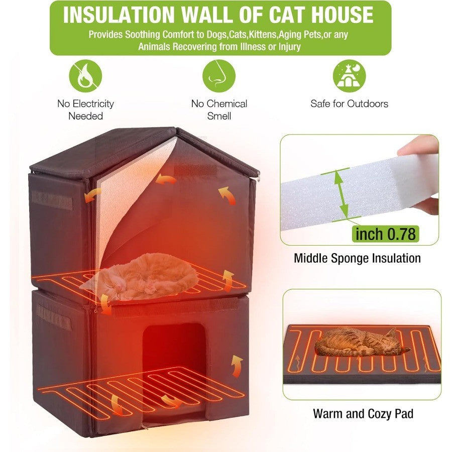 Casinha Aquecida para Gatos Externa 2 Andares Impermeável para Gatos de Rua com Portas de Fuga Tapete Aquecedor Removível para Inverno AIR94-He