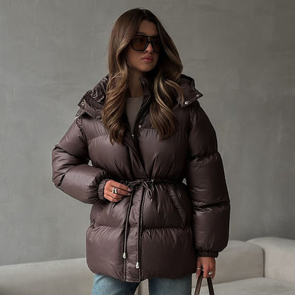 Glossy Shiny Women 's Down Jackets Vintage Hooded Zipper Puffer Full Sleeve Jackets For Woman 2025 Woman Winter Coats Outwears