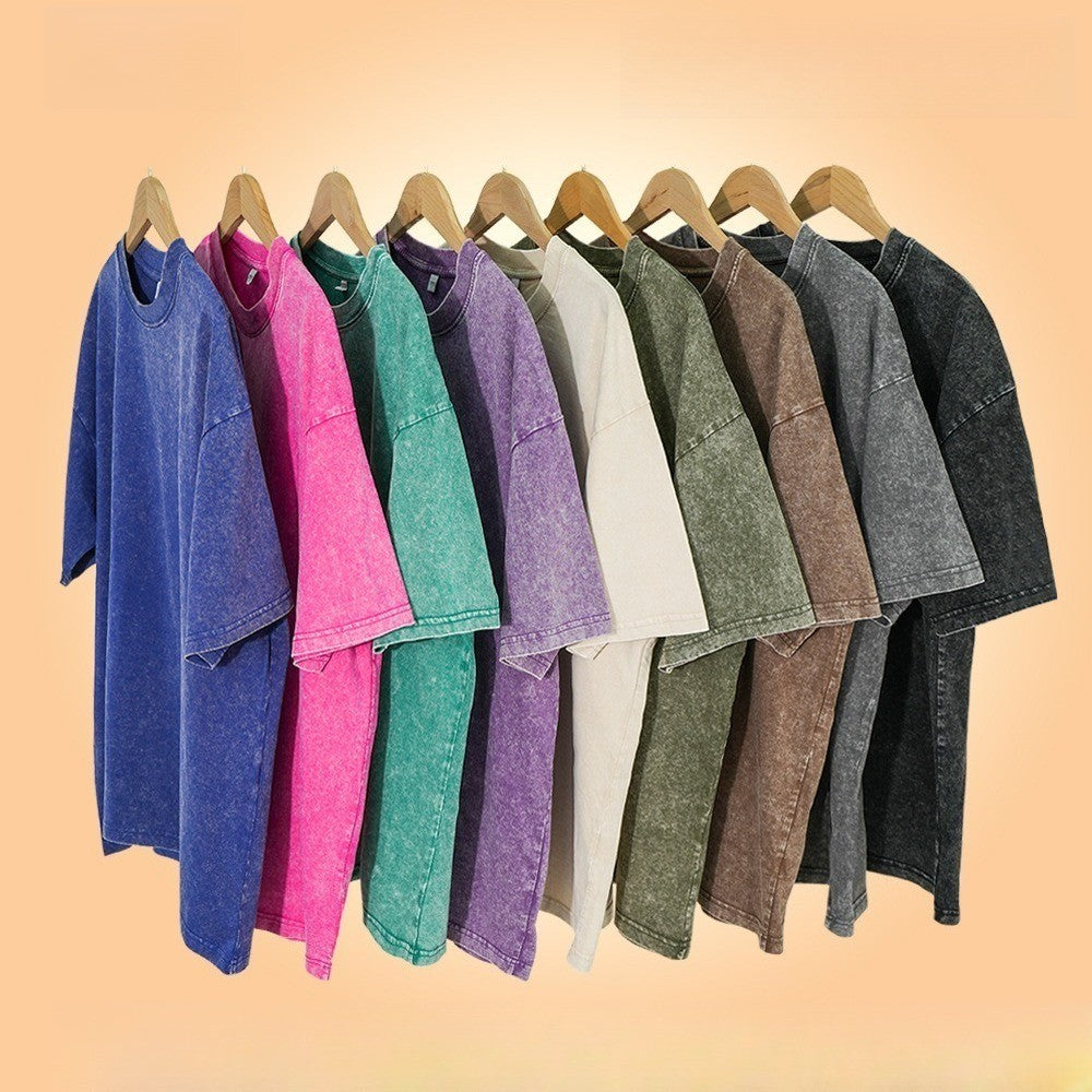 230g retro fried snowflake washed T-shirt Europe and the United States cross-border cotton t loose bottoming round neck pullover