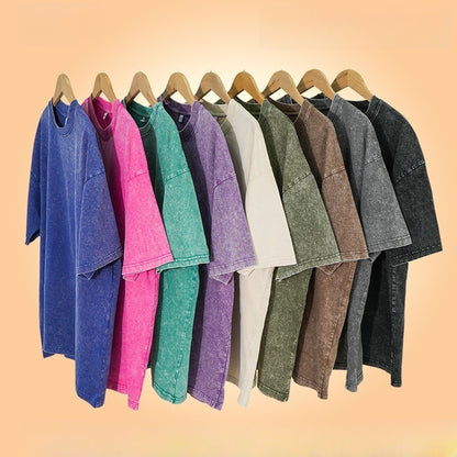 230g retro fried snowflake washed T-shirt Europe and the United States cross-border cotton t loose bottoming round neck pullover