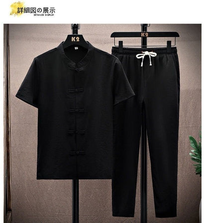 Summer New Fashion Solid Color Breathable Cotton and Linen Suit Men's Leisure Loose Sports Large Size High-Grade Two-Piece Set