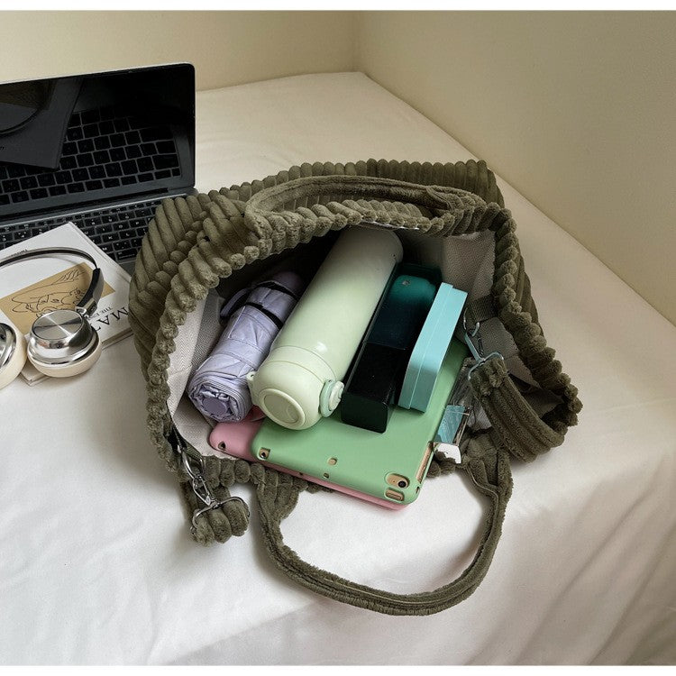 Large Capacity Striped Velvet Handbag Shoulder Bag for Woman Handbags Crossbody Bags, Versatile Letter Corduroy Women's Tote Bag