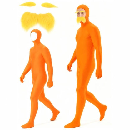 Adult Orange Zentai Bodysuit Open Face Skin Tight Jumpsuit with eard Eyebrow Halloween Cosplay Costume Unisex Full Coverage