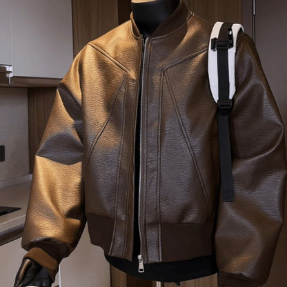 American Trend Retro Crack Leather Versatile Casual Jackets Stand Collar Leather Bomber 2025 Men's Fashion Commuter Leather Coat