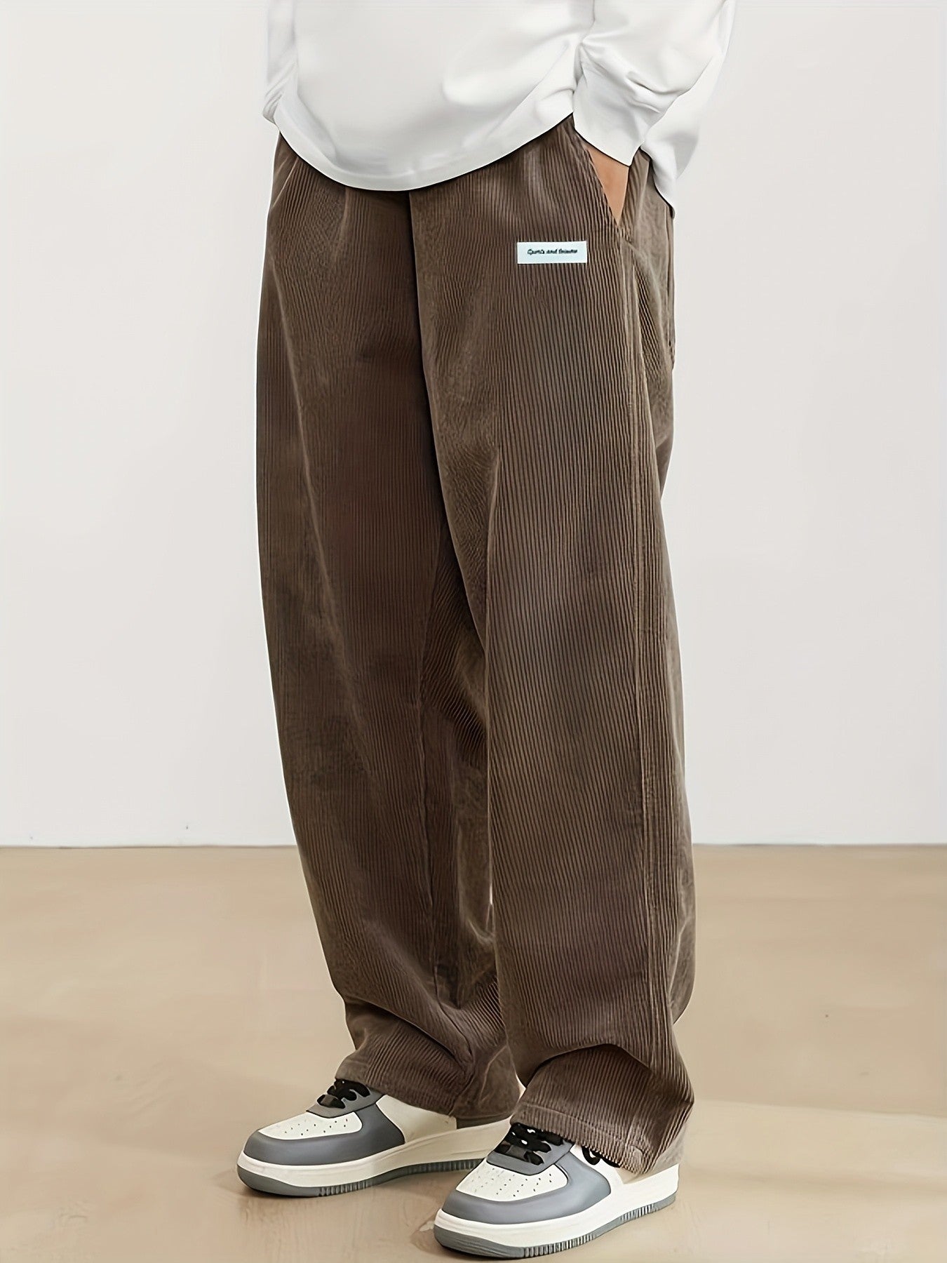 Calças masculinas de veludo cotelê outono, casuais, folgadas, retas, com elástico na cintura e cordão, para uso externo e streetwear