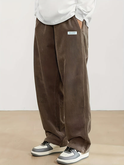 Calças masculinas de veludo cotelê outono, casuais, folgadas, retas, com elástico na cintura e cordão, para uso externo e streetwear
