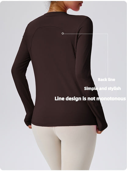 Naked Spring and Autumn Round Neck Fitness Yoga Clothing, Slimming and Slimming Base, Sports Top, Pilates Long Sleeve, Female