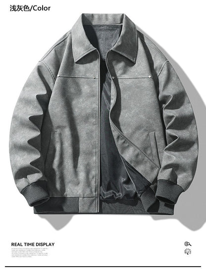 Men Faux Leather Zipper PU Leather Long Sleeve Coat Loose Fit Moto Biker Spliced Vintage Solid Turn Down Collar Jackets