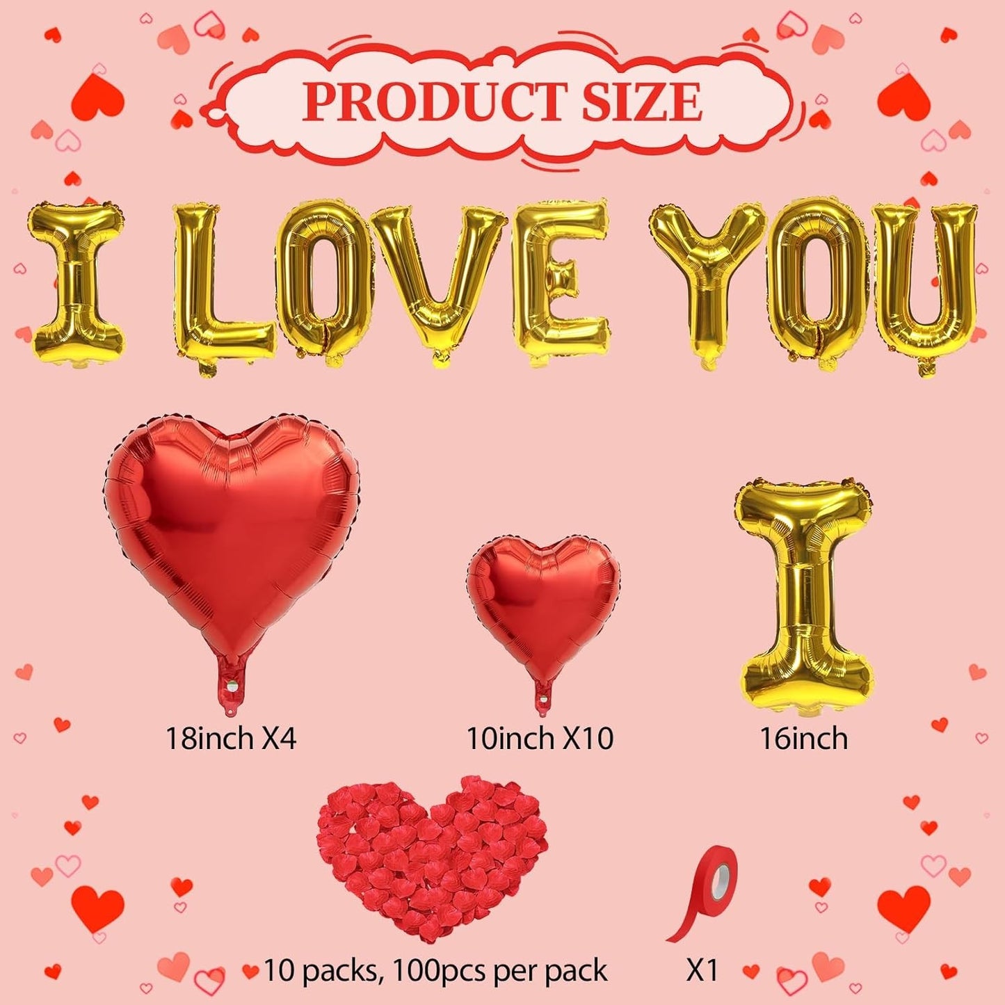 I Love You/Red Heart Love Foil Balloon 1000Pcs Rose Petals for Wedding Anniversary Valentine Day Romantic Special Night Party