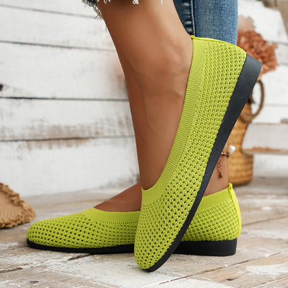 Cross-Border New Solid Color Round Toe Feizhi Flat Ballet Flats Women Casual Breathable Knit Slip-On Work Shoes