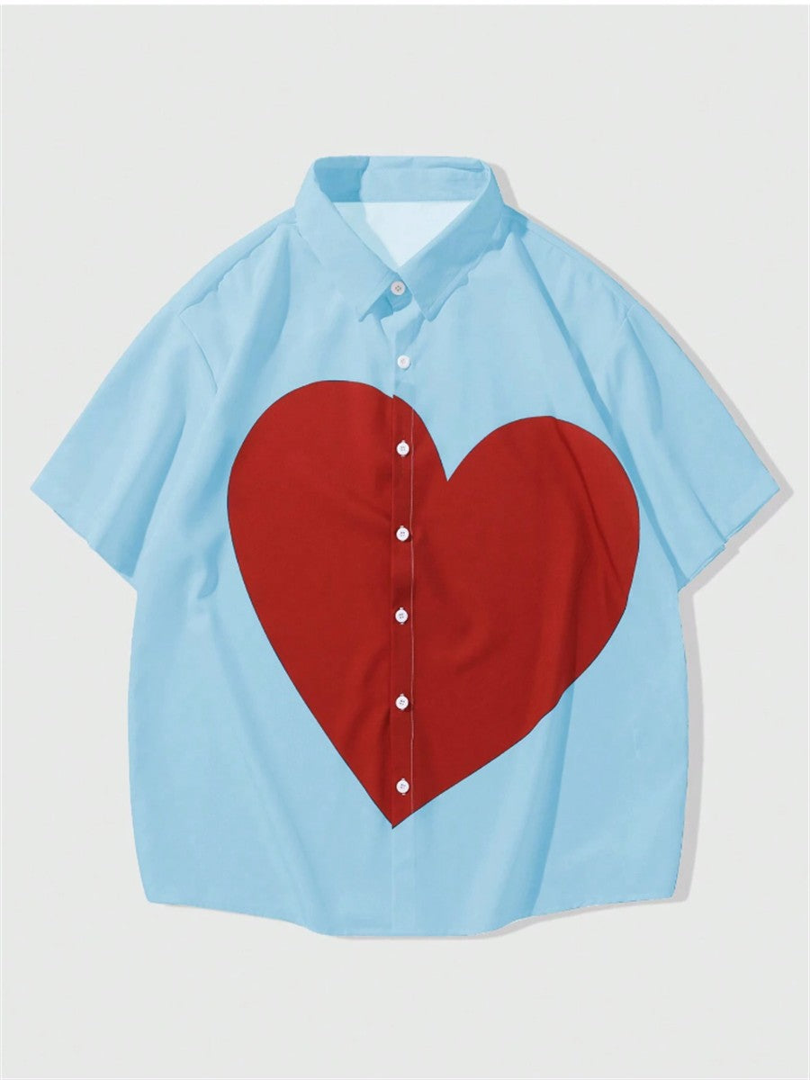 2024 Summer Shirt Men Hawaiian Men Short Sleeve Love Button Lapel Shirt Print Men Beach Travel Leisure Oversized XS-5XL