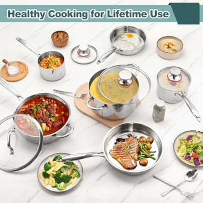 Conjunto de Panelas e Frigideiras de Aço Inoxidável 3 Camadas 10 Peças, Conjunto de Utensílios de Cozinha em Aço Inoxidável para Indução, Conjunto de Cozinha Não Tóxico