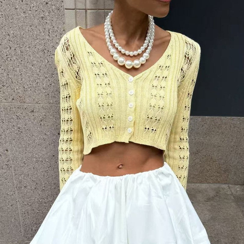 TARUXY Hollow Knitted Cardigan Women's Solid Long Sleeve V Neck Short Sweater Top Summer 2025 New Female Crochet Casual Outwear