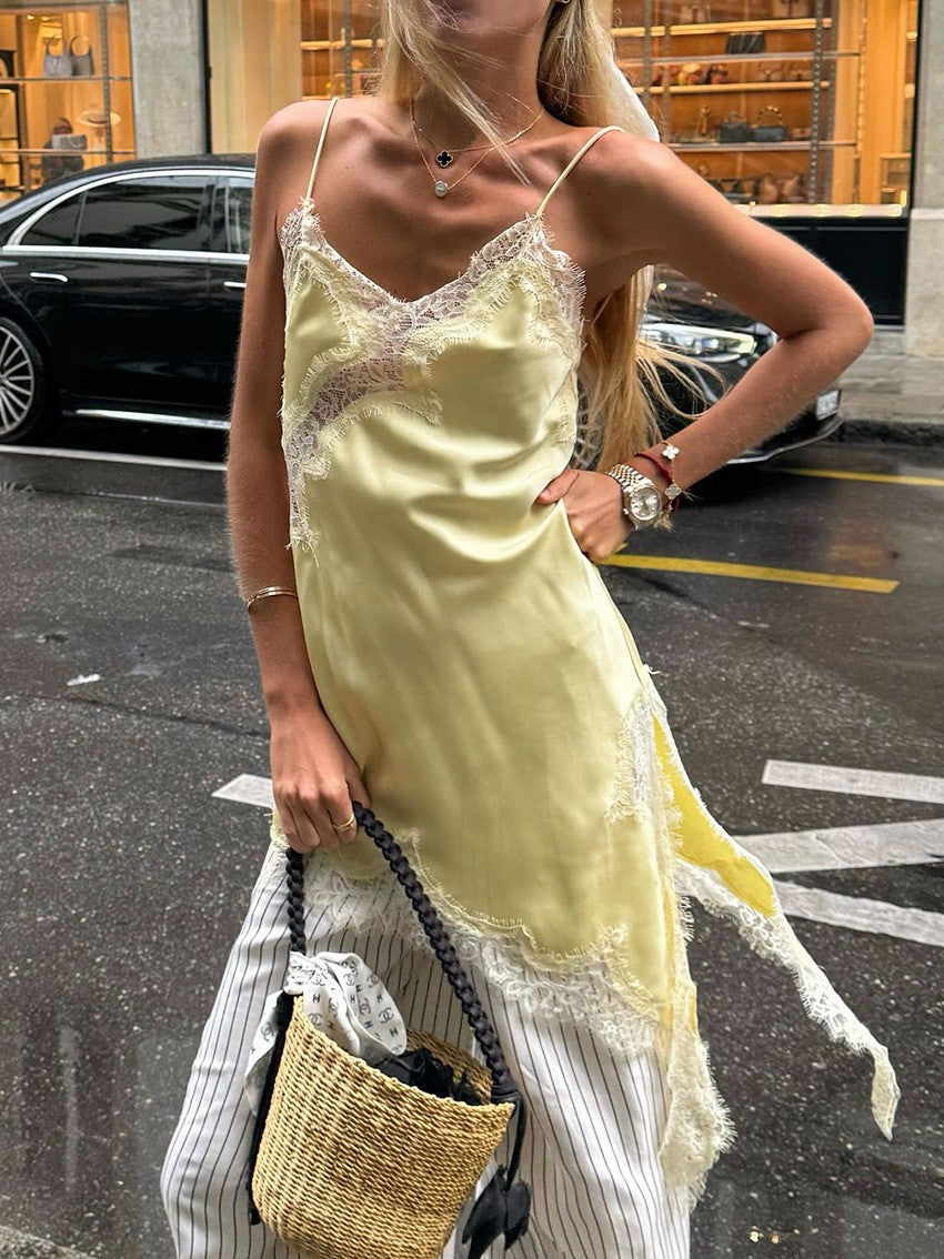 New Lace Mini Spaghetti Strap Dress For Women Irregular Backless Slit Sexy Evening Party Dress Female High Waist Bottom Dresses