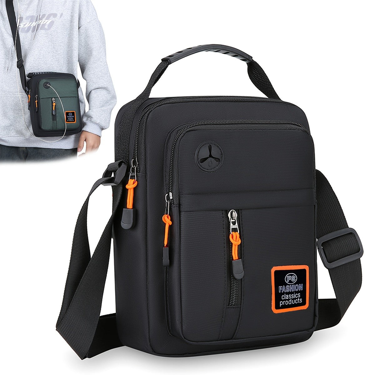 Stylish Men's Crossbody Bag with Headphone Jack, Multiple Pockets, Adjustable Strap, Ideal for Casual, Vacation Travel, Holiday