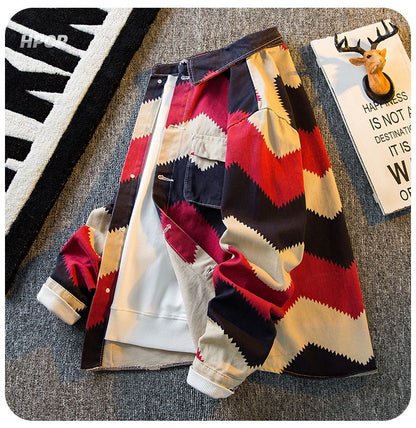 American Retro Diamond Denim Shirt Men Clothing Autumn Polo Neck Trendy High Strret Loose Casual Blouses Cargo Jacket for Men