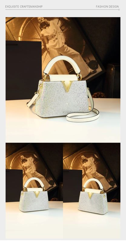 Luxury Fashion Diamonds Women's Handbags 2025 New V Letter Small Shoulder Crossbody Bag Genuine Leather Messenger Shell Bags