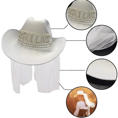 Bridal Veil Lace Cowboy Hat Country Western Wedding Wide Brim Barn Wedding For Bridal Shower Gift Disco Party Costume Country