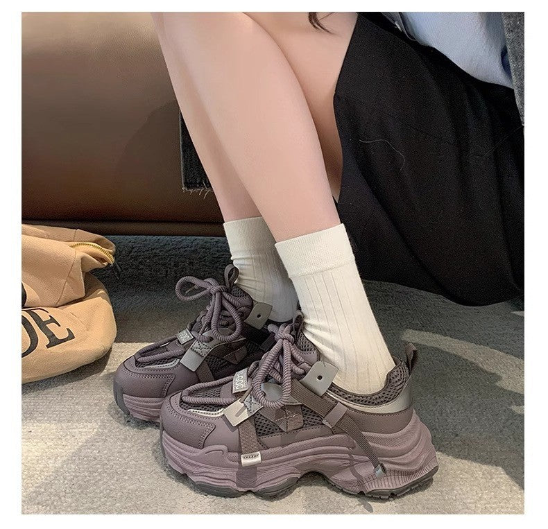Women's Chunky Sneakers  Breathable Mesh Platform Sports Shoes Woman Fashion Lace Up Thick Sole Casual Shoes Mujer