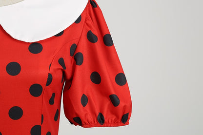 Elegant Women Summer Dress Puff Short Sleeve Polka Dot Peter pan Collar Vintage A-line Midi Long Party Sundress