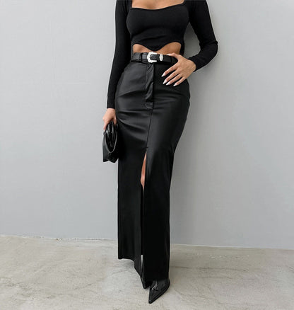 Women's Split Design Solid Color High Waist Pu Leather Skirt 2025 Spring Fall Office Lady Trendy Streetwear Long Skirts
