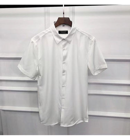 Korean Fashion Trend Casual Elastic Design Sense Short Sleeve Shirt Men's Solid Lapel Collar Button Breathable Simple Slim Tops