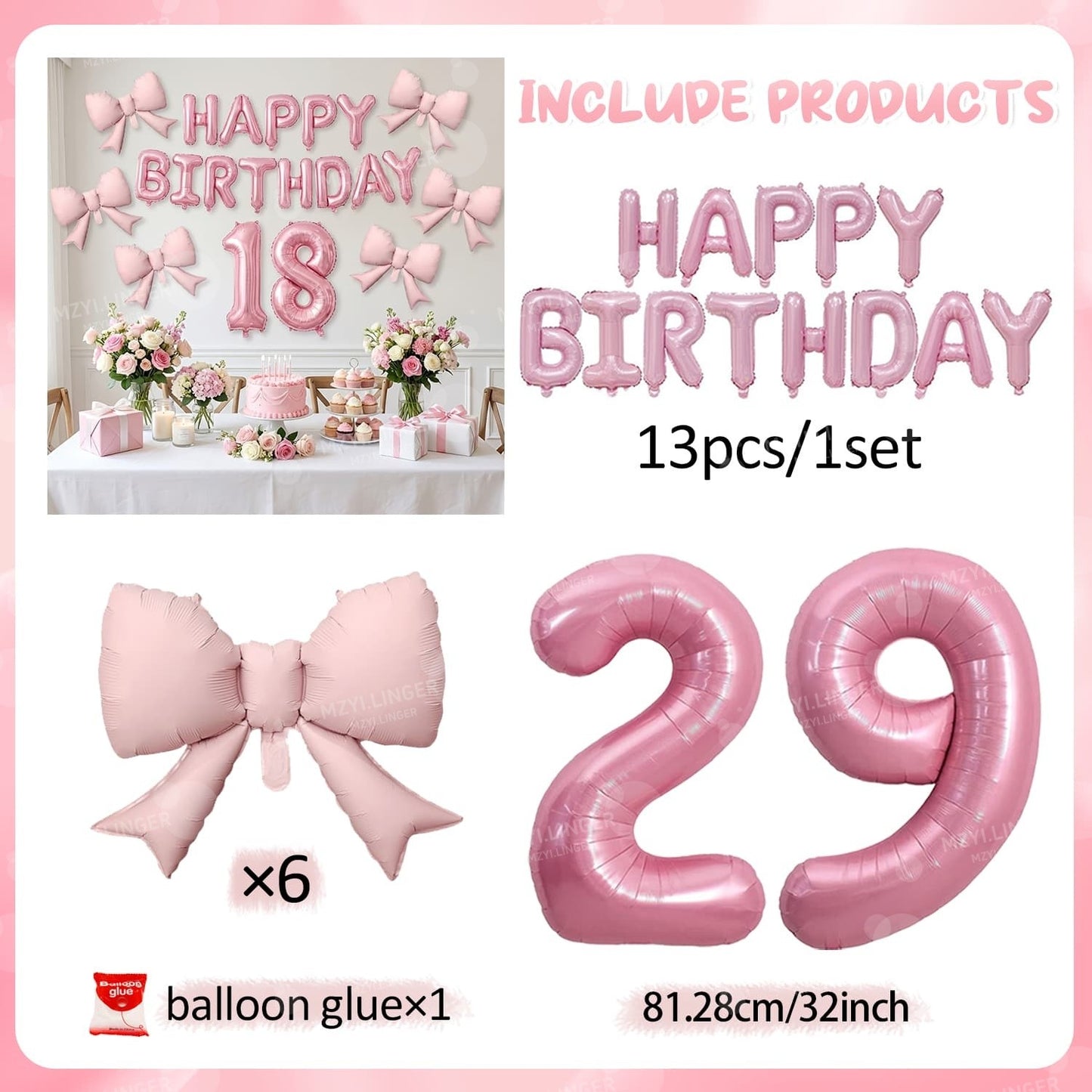 Pink Bow Birthday Balloon Happy Birthday Letter Balloon Used for Wedding, Valentine's Day, Birthday, Proposal Decoration Decor