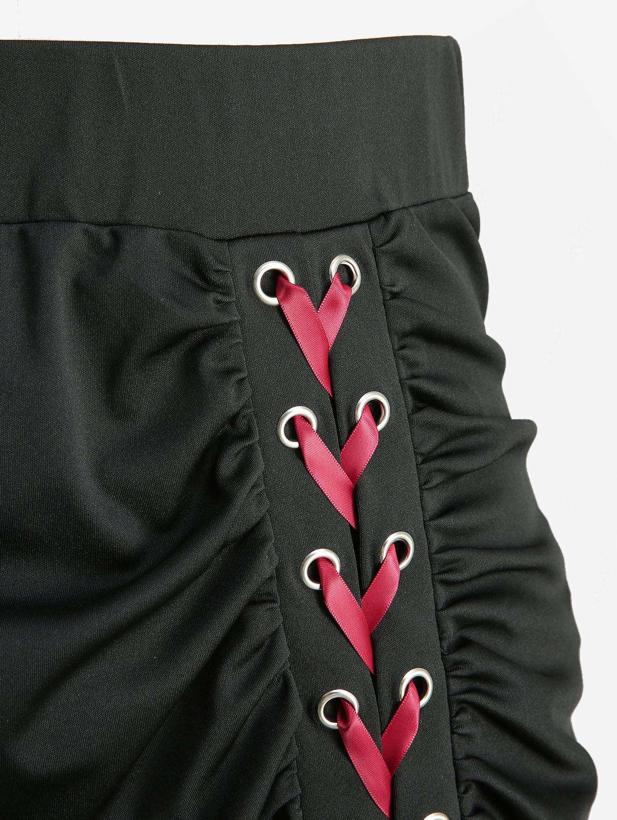 ROSEGAL Plus Size Grommets Lace-Up Ruffles Ruched High-Low Skirt Adjustable Tie Waist Maxi Skirt for Women Oversize Black Skirts