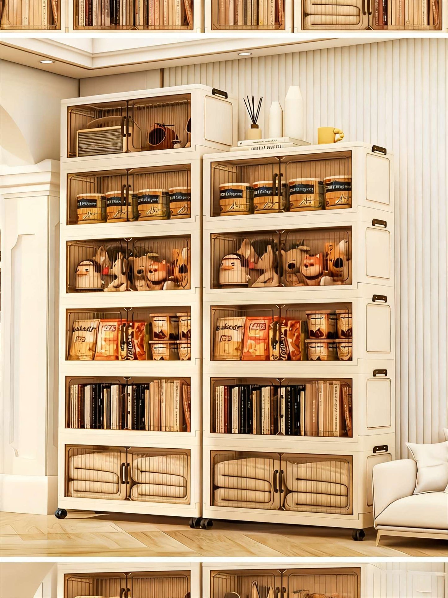 5-Tier Foldable Cabinet, Plastic Bins, Portable Wardrobe Organizer, Rolling Stackable Drawers. For Bedroom, Living Rm, Office