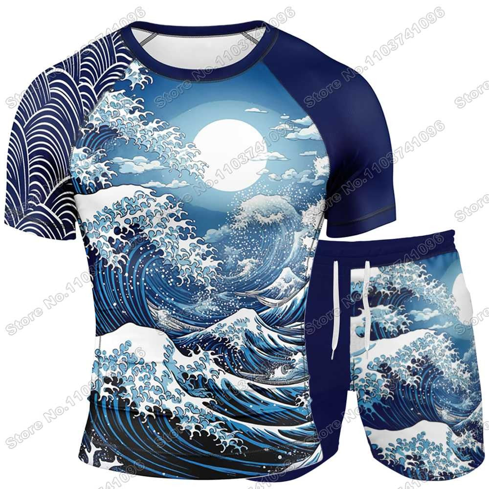 2025 The Great Wave Rash Guard Jiu Jitsu BJJ MMA T-shirt Compression Shirt Short Sleeve Surfing Jersey GYM Fitness Jersey Beach