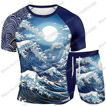 2025 The Great Wave Rash Guard Jiu Jitsu BJJ MMA T-shirt Compression Shirt Short Sleeve Surfing Jersey GYM Fitness Jersey Beach