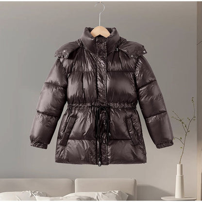 Glossy Shiny Women 's Down Jackets Vintage Hooded Zipper Puffer Full Sleeve Jackets For Woman 2025 Woman Winter Coats Outwears
