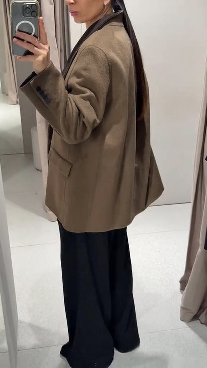 Fashion Brown Wool-blend Coat Women Stand Collar Long Sleeve One Button Pocket Warm Jacket 2025 Autumn Lady Chic Outwears New