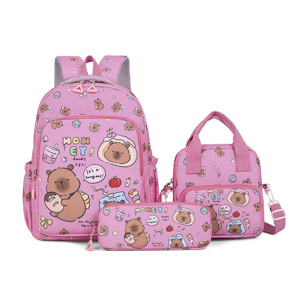 3Pcs/Set Kawaii Capybara Backpack Large Capacity Cartoon Teenager Fashion Nylon Lightweight Rucksack Set