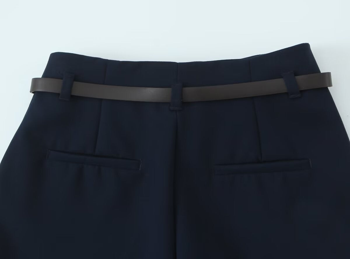 2025 summer new women's comfortable commuting rolled-up trousers with belt simple casual trousers