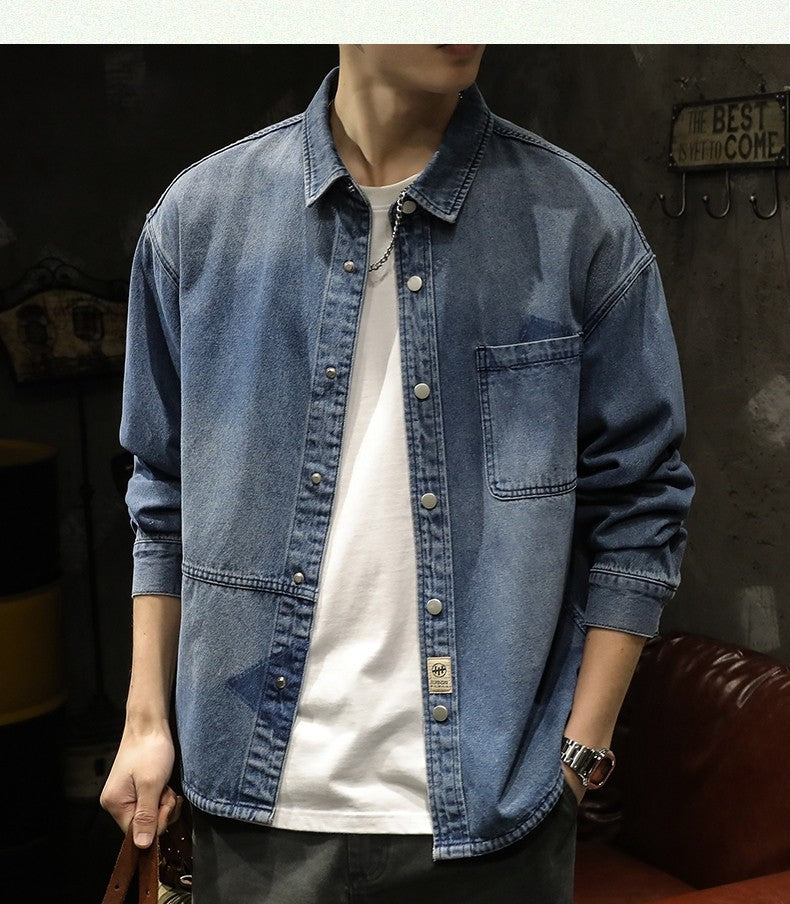 American Sle Heavyweight Men's Denim irt Loose Workwear Jaet Casual Long Sve Breathable Moisture ng Pure Color