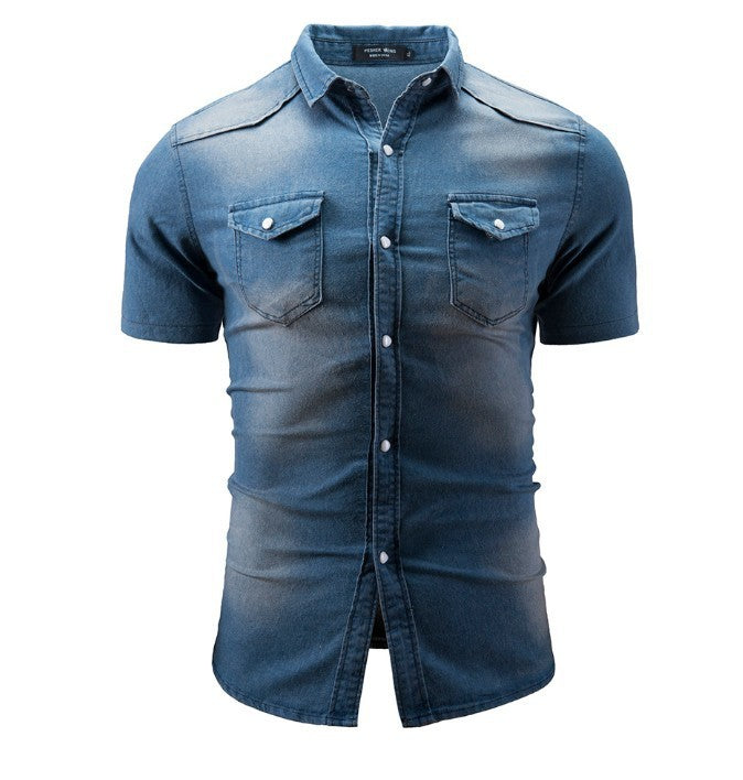 New Men's Fashion Short Sleeve Denim Shirt Soft Solid Color Slim Fit Cowboy Top for Men