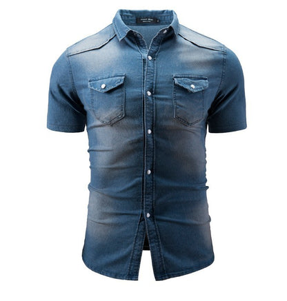 New Men's Fashion Short Sleeve Denim Shirt Soft Solid Color Slim Fit Cowboy Top for Men