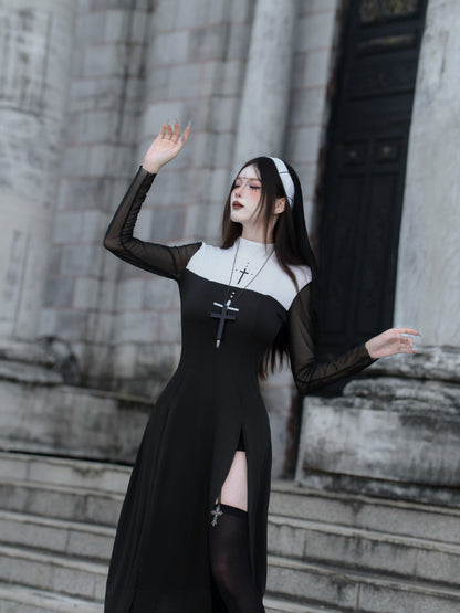Sexy Nun Cosplay Costume Gothic Black Split Long Dress with Head Veil Halloween Carnival Party Fancy Dress for Women Nun