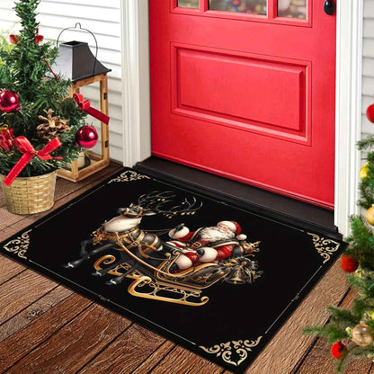 VIKAMA Christmas Welcome Doormat Lightweight, Machine-Washable Black & Gold Reindeer Print Rug Holiday Home Decor
