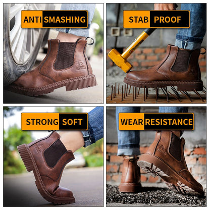 Sapatos de Segurança Impermeáveis Masculinos com Biqueira de Aço Botas de Couro Calçado Masculino Sapatos de Trabalho Indestrutíveis para Construção Marrom