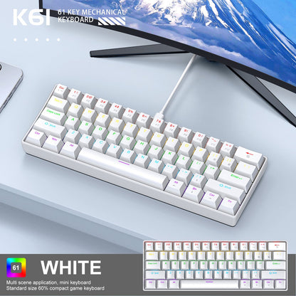 Teclado Mecânico RGB de 61 Teclas com Fio K61 Mini Teclado Portátil 60% Preto, Branco, Switches Vermelho/Azul para Jogos/Trabalho