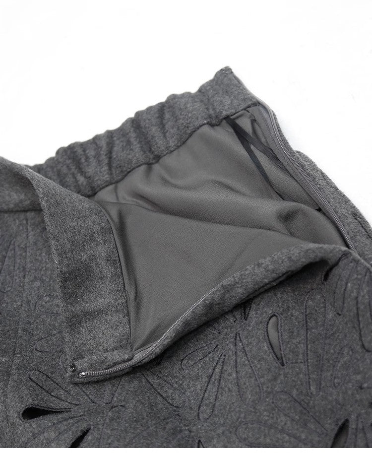 Dark Grey Wool Skirts for women 2024 Autumn Winter Big Swing A-Line Long Skirt Elegant Elastic waist Zipper Hollow Out Skirt