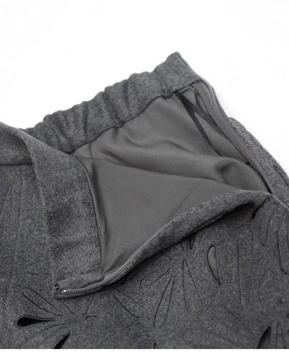 Dark Grey Wool Skirts for women 2024 Autumn Winter Big Swing A-Line Long Skirt Elegant Elastic waist Zipper Hollow Out Skirt