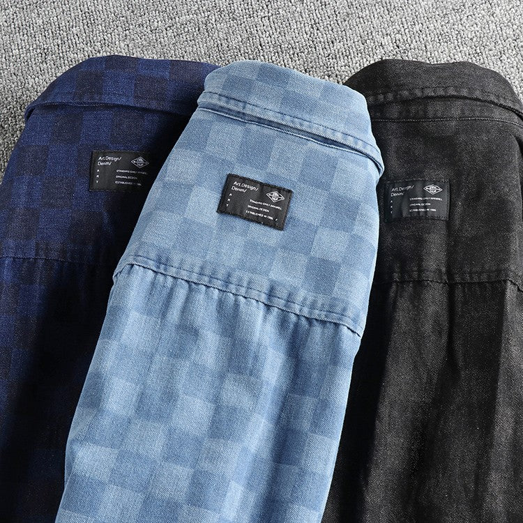 Spring Japanese Retro Long Sleeve Lapel Denim Plaid Cargo Shirts Men's High Street 100% Cotton Washed Loose Casual Thin Jacket